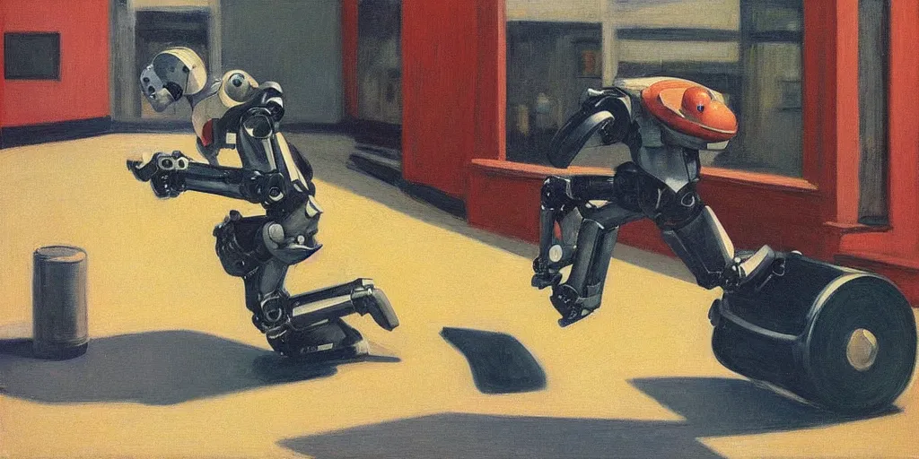 Image similar to “a mechanical bull robot jumping in the air by Edward Hopper”