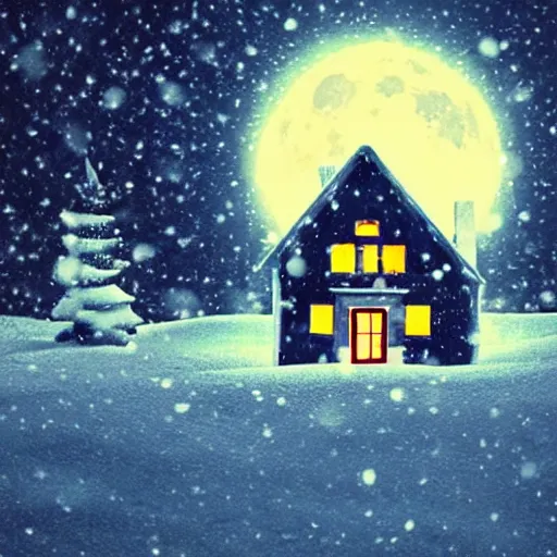 Prompt: a little house on a snowy night, full moon, christmas lights, santa claus approaching the house