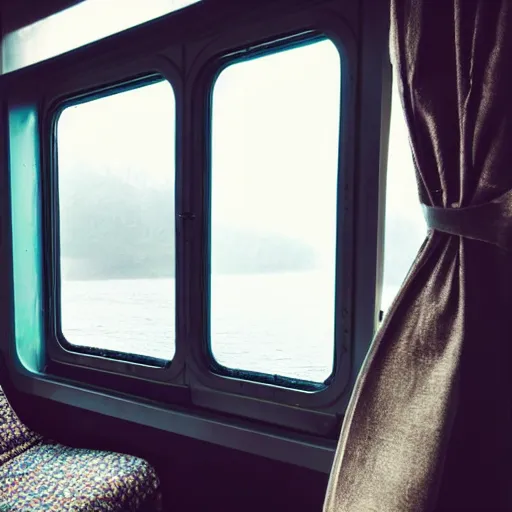 Prompt: Inside the train, some people are sitting, the train is sailing on the water, the windows are fluttering with transparent gauze curtains, the sun shines in, fog on the water, indoor scene