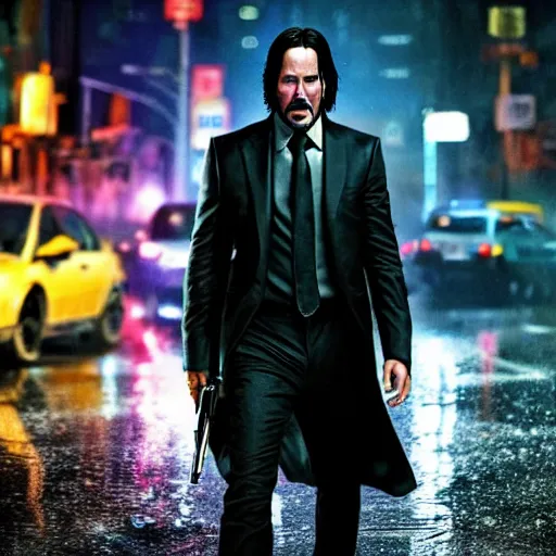 Prompt: keanu reeves as john wick, cyberpunk, walking the streets of night city in the rain, highly detailed, intricate, photorealistic, cinematic lighting