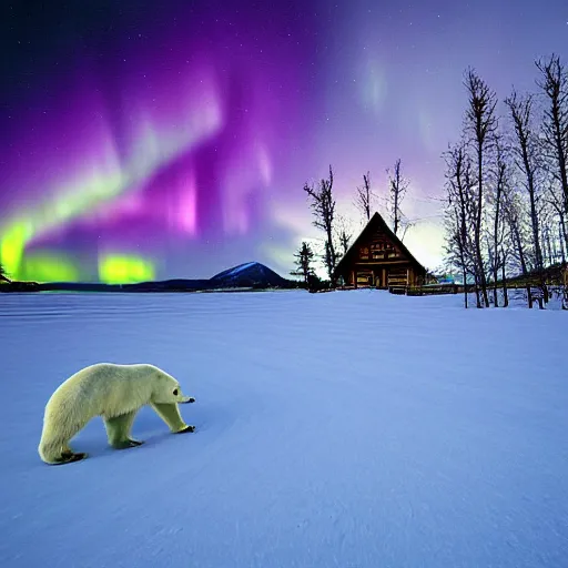 Prompt: log cabin in an icy polar scene, polar bear walking past, lit by bright aurora borealis, by john avon