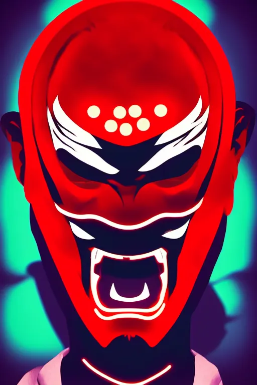 Prompt: guy with japan devil mask, pop art, pixel, gta vice city style, glowing lights, face features, ultrarealistic details, digital painting, trending artstation, concept art, smooth, sharp focus, illustration, intecration details, art by mark millar and richard hamilton and mimmo rottela, kirokaze and paul robertson