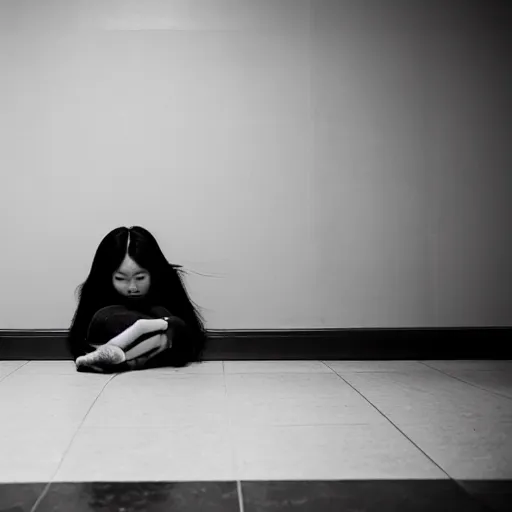 Image similar to sad asian girl alone in an empty room, black and white, award winning, 8k
