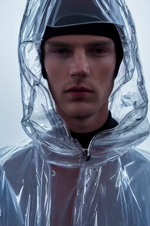 Image similar to an ultra high definition professional high fashion portrait studio full length photograph of a male model wearing a transparent pearlescent raincoat and neon visor in an icelandic black rock environment at dawn. no artefacts. extremely detailed. stark. refraction. shallow depth of field. volumetric light and shadow. ray tracing. light rays.