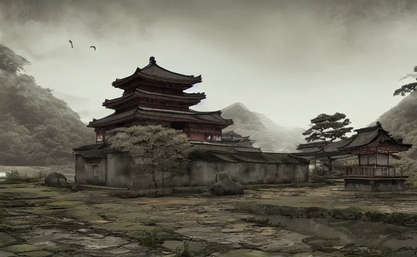 Image similar to detailed digital painting of old, ruined, japanese fort from sengoku period, overcast weather, environment concept art, photobash, overcast weather, unreal engine render, nanite