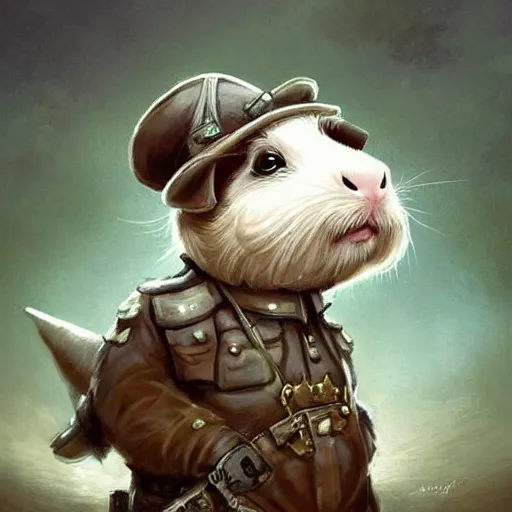 Image similar to cute little anthropomorphic Guinea Pig ww1 soldier, tiny, small, short, military outfit, cute and adorable, pretty, beautiful, DnD character art portrait, matte fantasy painting, DeviantArt Artstation, by Jason Felix by Steve Argyle by Tyler Jacobson by Peter Mohrbacher, cinema