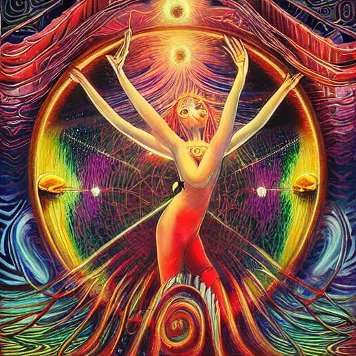 Prompt: at the zero hour, we gather in the darkness seeking refuge from the counterfeit dreams of our clockwork lives. expressive il painting of the silver serenade connects to the laced transmission symphony of the celestial psylocibin by ron of the moonlight forest by alex grey, ron walotsky and paul lehr