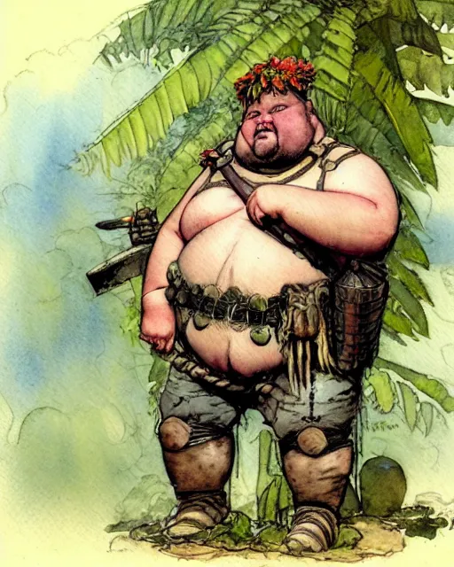 Prompt: a realistic and atmospheric watercolour fantasy character concept art portrait of a fat adorable chibi bulldog roman soldier with body armor in the jungle, by rebecca guay, michael kaluta, charles vess and jean moebius giraud