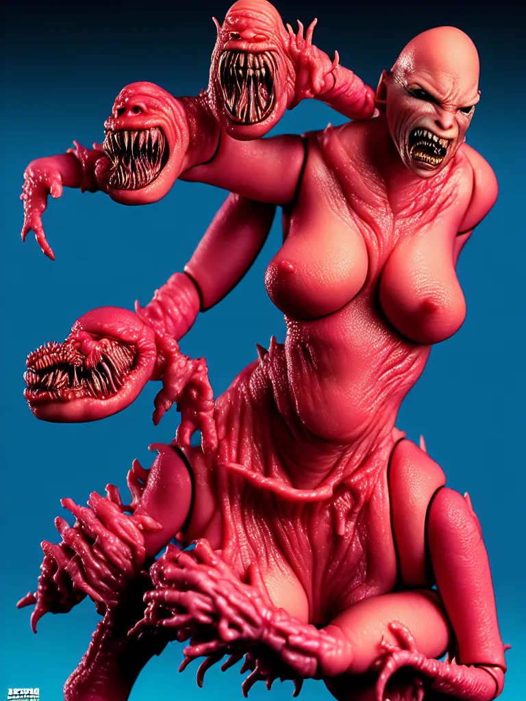 Image similar to hyperrealistic rendering, fat smooth john carpenter flesh monster natalie portman by bernie wrightson and killian eng and joe fenton, product photography, action figure, sofubi, studio lighting, colored gels, colored background