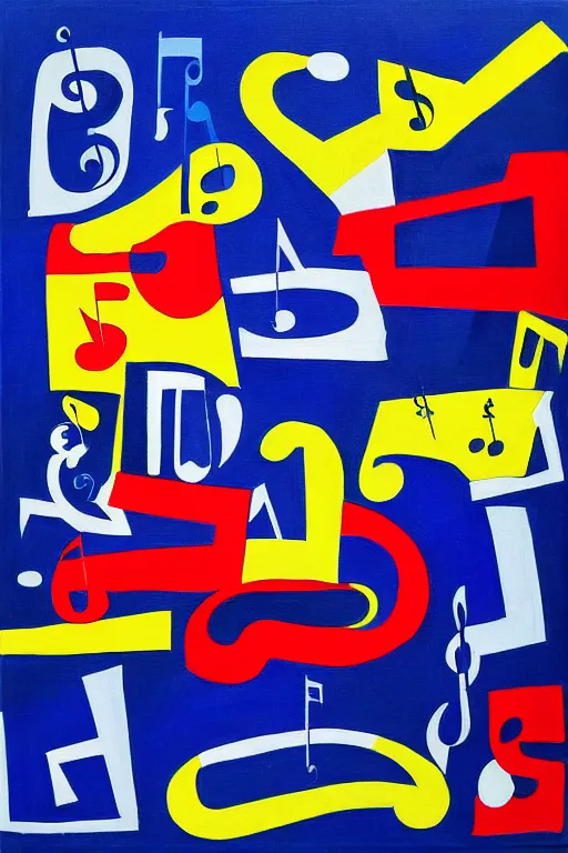 Prompt: Abstract painting representation of jazz musicians, musical notes, the letters J,A,Z, and Z in the style of Stuart Davis colors cobalt blue, ultramarine blue, yellow, red, white, black