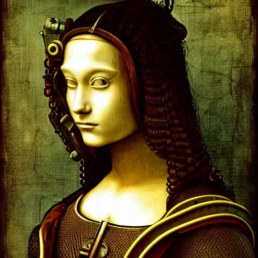 Prompt: A portrait of a steampunk cyborg by Leonardo da Vinci