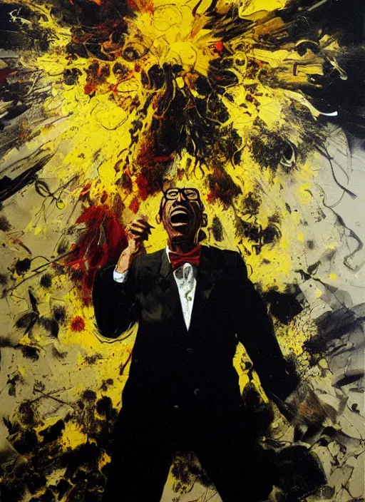 Image similar to gus fring screaming, explosion, exploding, painting by phil hale, francisco goya,'action lines '!!!, graphic style, visible brushstrokes, motion blur, blurry