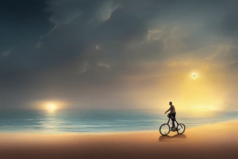 Prompt: photo of man riding a bicycle along the beach that is lit by glowing organisms underwater toward a lighthouse in the distance, wide horizon, large white clouds, intricate, elegant, highly detailed, digital painting, artstation, concept art, smooth, sharp focus, illustration, art by artgerm and greg rutkowski and fra angelico