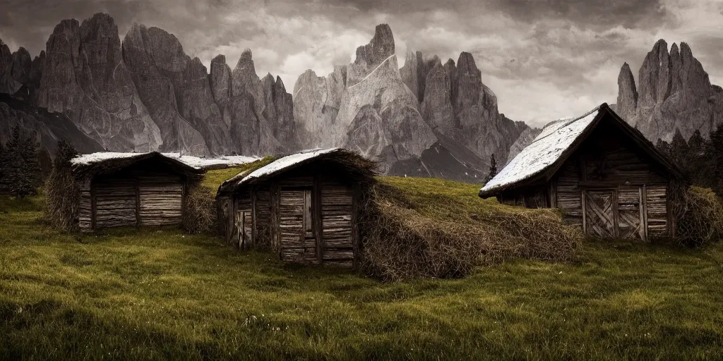 Prompt: old farmers hut overgrown by roots ,roots and hay coat, dolomites in background, dark, eerie, despair, portrait photography, artstation, digital art, concept art, artstation, highly detailed, sharp focus, by caravaggio