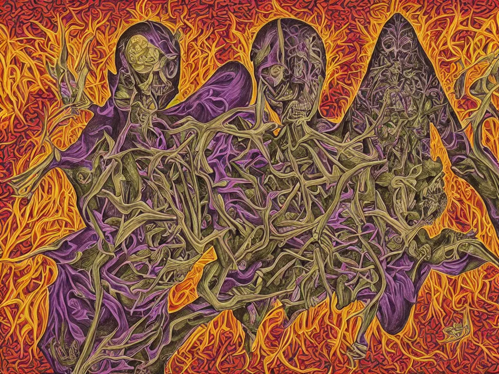 Image similar to transformation through death by Alex Grey and M. C. Escher collaboration