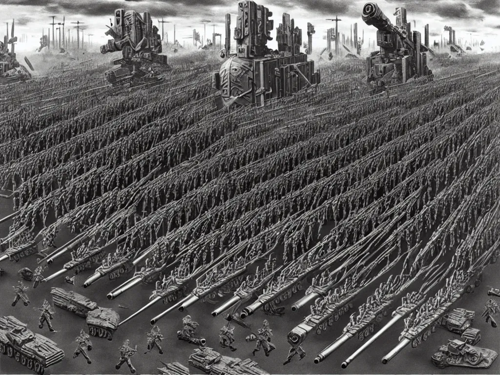 Prompt: armies marching parade with infantry, vehicles and rocket launchers, futuristic alternate timeline, communist hordes, art by max ernst