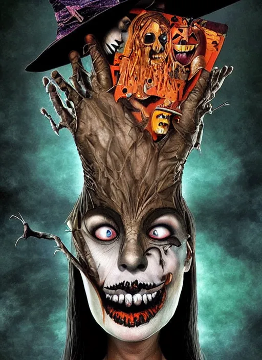 Image similar to halloween witch theme surrealist art in the styles of igor morski, jim warren, and a tim burton film, intricate, hyperrealistic, accurate facial details, volumetric lighting