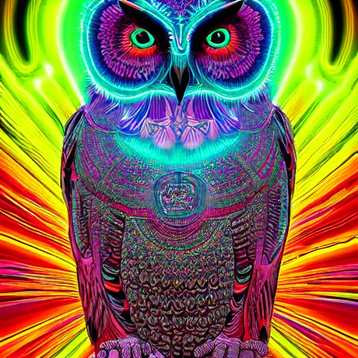 Image similar to neon tribal eurasian owl, pastel neon, photorealistic render 8k intricate, elegant, highly detailed, smooth, sharp focus, detailed face, high contrast, dramatic lighting, graphic novel, art by alex grey