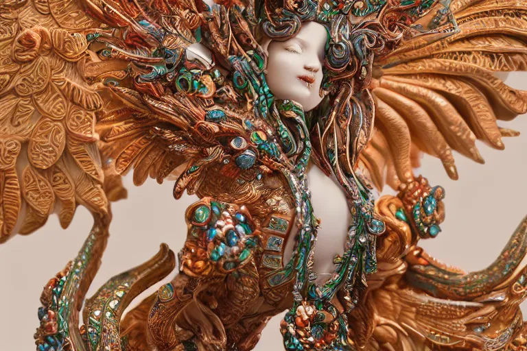 Image similar to a closeup photo - real delicate ceramic porcelain sculpture of an ornate detailed phoenix goddess in front of an intricate background by rafael, micro detail, backlit lighting, subsurface scattering, translucent, thin porcelain, emerald, jade, octane renderer, colorful, physically based rendering, trending on cgsociety