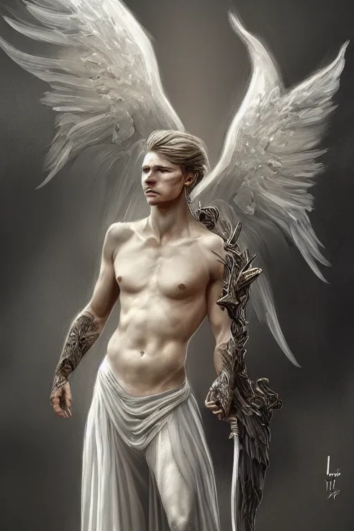 Image similar to Full body potrait of Vesa Matti Loiri as and angel , angel is split in two with smoke, fantasy, intricate, elegant, highly detailed, digital painting, artstation, concept art, smooth, sharp focus, illustration, art by Ilja Repin