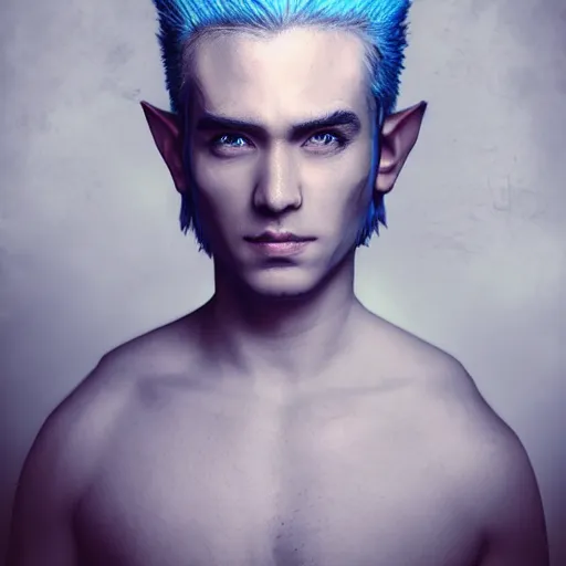 Image similar to the prince of frost standing alone in his court, single person, archfey, head and shoulders portrait, fantasy, white hair, blue skin, wild eyebrows, young adult, elf, crown, hard edges, hard lighting, professional lighting, trending on cgsociety