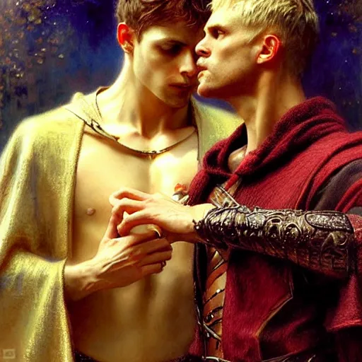 Image similar to stunning arthur pendragon in love with stunning male merlin the mage. they are close to each other, touching, looking. highly detailed painting by gaston bussiere, craig mullins, j. c. leyendecker