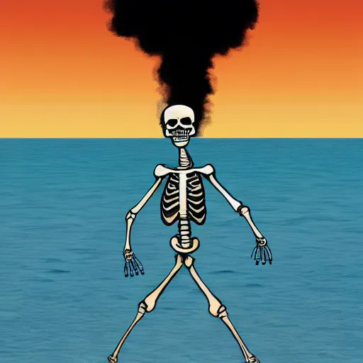 Prompt: relaxed skeleton walking on a tropical beach, nuclear mushroom cloud in the background, digital painting, high quality, trending on Artstation, realistic, tropical color scheme, anatomically correct skeleton, high coherence, clear blue sky