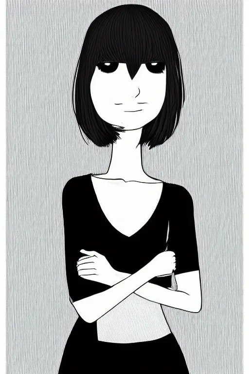 Prompt: portrait of a girl in long pants and a top, hands in pockets, eyes closed, bob haircut, digital art, black and white, lineart by roro kurotani