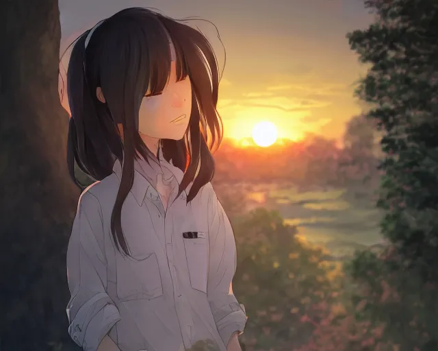 Image similar to teen looking at the sunset, wearing white collared shirt, back turned, looking up, illustration, by pine ( ハイネ ) and 薯 子 imoko and 香 川 悠 作 and wlop and maya takamura, highly detailed, trending artstation, pixiv, digital art