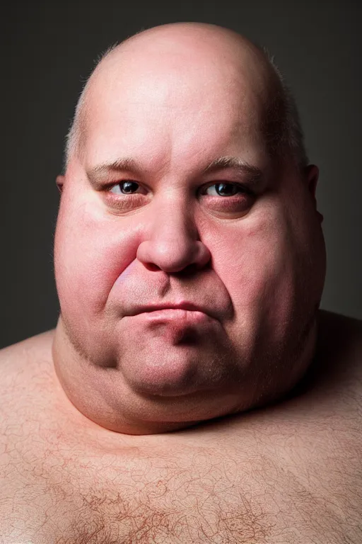 Image similar to studio portrait of man, 4 0 years, bald, obese, unshaven, homer simpson lookalike, looks like a real life version of homer simpson, soft light, black background, fine skin details, award winning photo by annie leibovitz