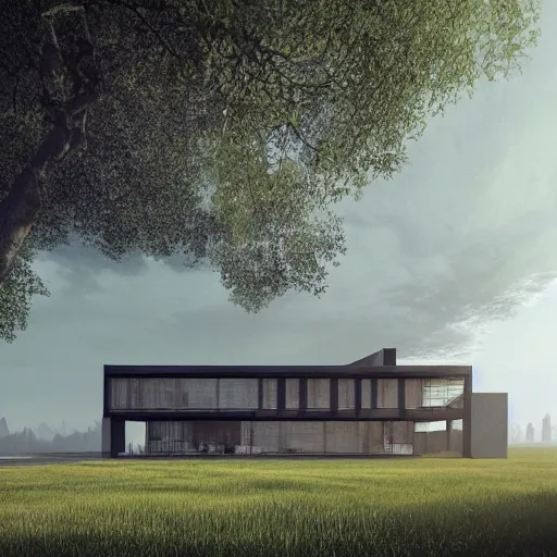 Image similar to rectangular modernist house inspired by a tibetan palace, atrium, two levels, in a field, big trees, clouds, dramatic lighting, artstation, matte painting, raphael lacoste, simon stalenhag, frank lloyd wright, drone view