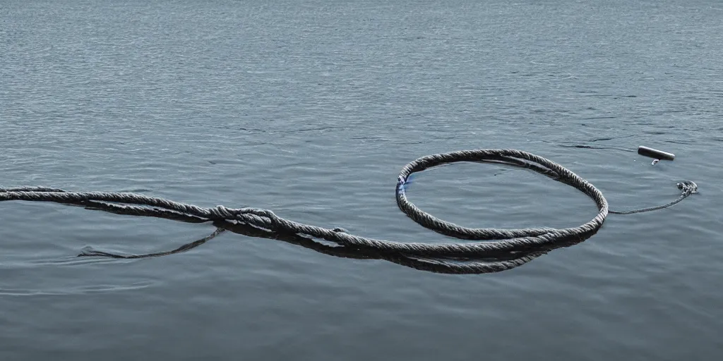 Prompt: symmetrical photograph of an infinitely long rope submerged on the surface of the water, with an uhnicorn, the rope is snaking from the foreground towards the center of the lake, a dark lake on a cloudy day