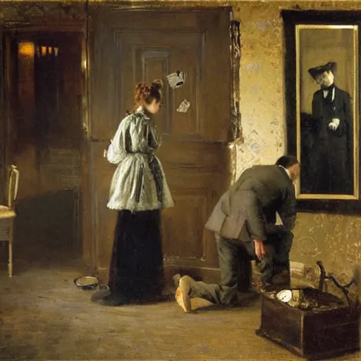 Prompt: a man and a woman solving an escape room puzzle alfred stevens