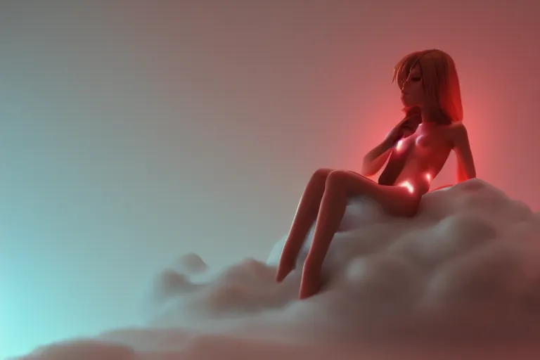 Prompt: a cute alien girl sitting on a cloud relaxing, misty, glows, blender render, hazy, foggy, red lighting, ambient lighting, 8 k,