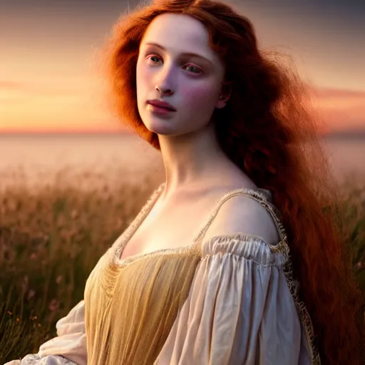 Image similar to photographic portrait of a stunningly beautiful renaissance pre raphaelite lady guinevere female in soft dreamy light at sunset, contemporary fashion shoot, by edward robert hughes, annie leibovitz and steve mccurry, david lazar, jimmy nelsson, breathtaking, 8 k resolution, extremely detailed, beautiful, establishing shot, artistic, hyperrealistic, beautiful face, octane render