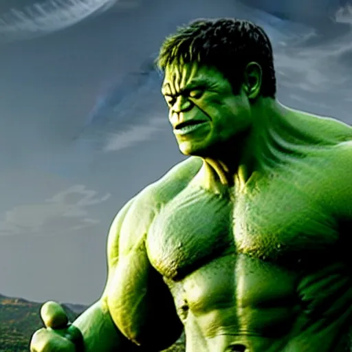 Prompt: a still of tom hanks as the hulk in the avengers movie