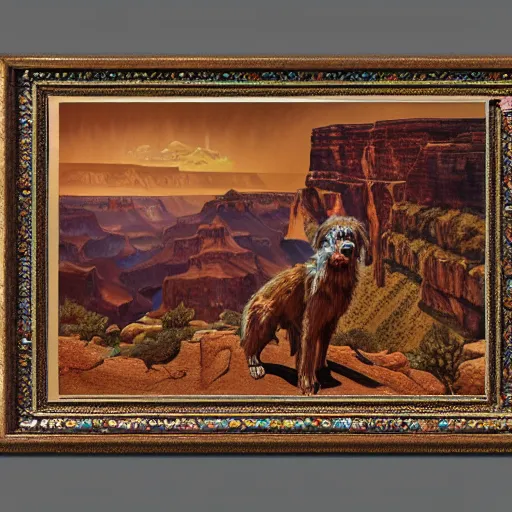 Image similar to doglike creature standing in the grand canyon, extreme detail, abstract realism, highly ornate intricate details, 1 9 2 0's colored pencil, 4 k, cinematic lighting,