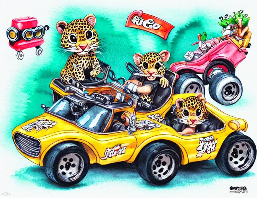 Image similar to cute and funny, baby leopard riding in a tiny go kart with oversized engine, ratfink style by ed roth, centered award winning watercolor pen illustration, isometric illustration by chihiro iwasaki, edited by range murata, tiny details by artgerm and watercolor girl, symmetrically isometrically centered