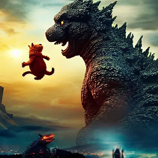 Image similar to godzilla with the head of winnie the pooh and the face of xi jinping, cinematic composition, epic dramatic lighting, realistic, hyperdetailed, photorealistic, photograph, epic scale