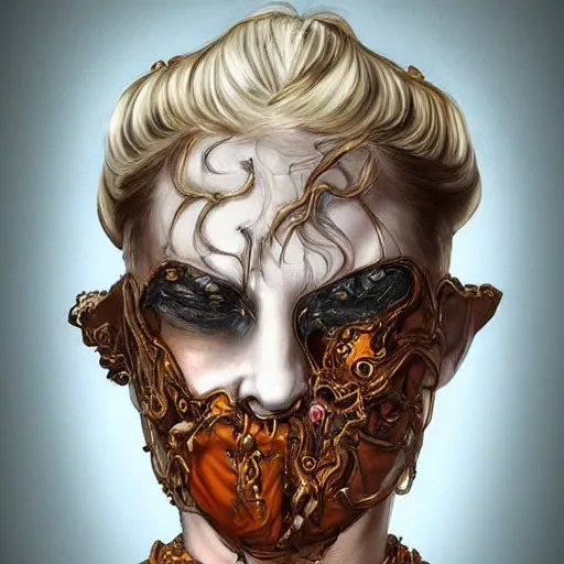 Image similar to portrait of a Shibari rope wrapped face and neck, headshot, insanely nice professional hair style, dramatic hair color, digital painting, of a old 15th century, old cyborg merchant, amber jewels, baroque, ornate clothing, scifi, realistic, hyperdetailed, chiaroscuro, concept art, art by Franz Hals and Jon Foster and Ayami Kojima and Amano and Karol Bak,