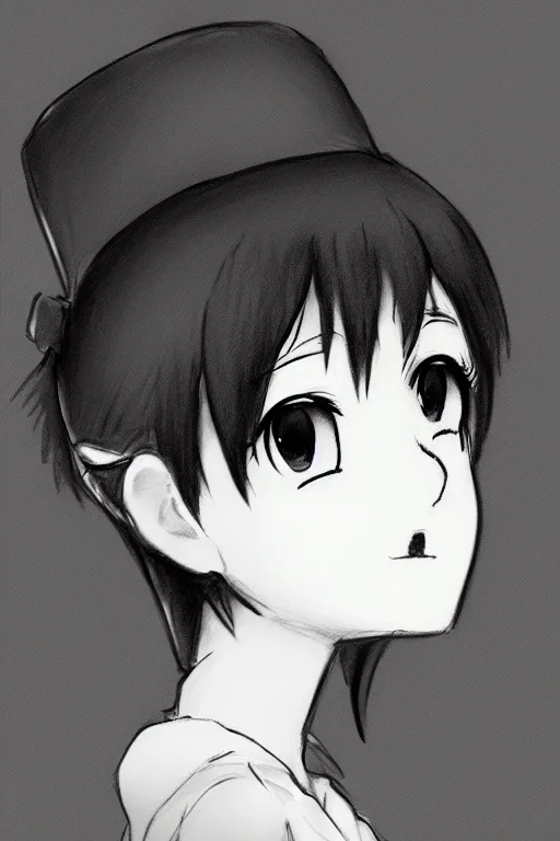 Image similar to highly detailed, cute loli in a tall black top hat, face profile, pencil sketch, gray scale, anime style