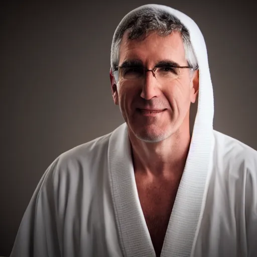 Prompt: professional portrait of Terry A. Davis wearing a white robe with a halo over his head in the kingdom of heaven, 8k, dslr, cinematic,