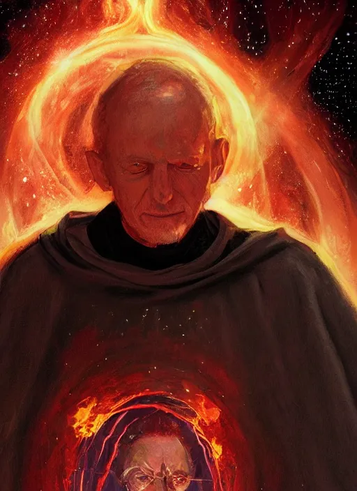 Image similar to detailed portrait of Fr. Mike Schmitz wearing a cloak over his head, eyes on fire with celestial flames, a halo of shimmering color around him, future earth in the background, by Jason Jenicke and Jeremy Mann, intricate, beautiful, stylized, detailed, realistic, loose brush strokes, dramatic, enduring, captivating, Artstation