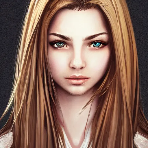 Image similar to portrait, 30 years old women :: fantasy :: amber eyes, long straight darkblond hair :: attractive, symmetric face :: brown medieval cloting, natural materials :: high detail, digital art, RPG, concept art, illustration