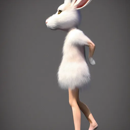 Image similar to beautiful fit female anthropomorphic rabbit wearing dress, full body, furry, ultra realistic, vray, 5 5 mm