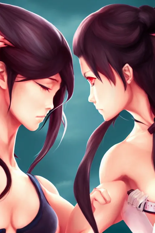 Prompt: two beautiful female fighters with hair tied up facing each other, gorgeous features, high definition, sharp focus, detailed anime art, pixiv