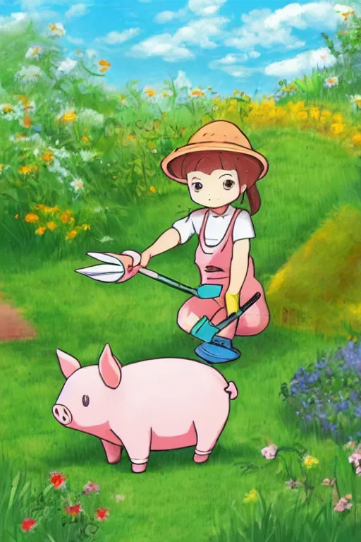 Prompt: cute little piggy with a gardening hat doing some gardening on a summer day, chibi, cute, adorable, studio ghibli trending on artstation, pixiv, Deviantart, HD, golden ratio, rule of thirds