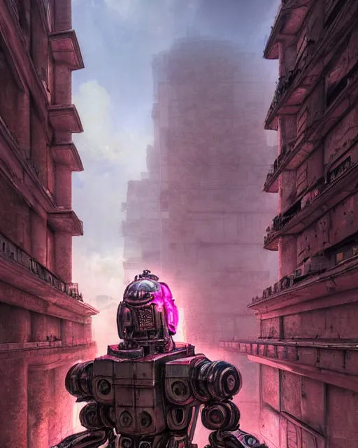 Image similar to hyperrealistic 3d render high quality baroque mecha!! iridescent pink brutalist city ruins background concept art vray! santiago caruso de chirico sharp cinematic light 8k low angle shallow depth of field