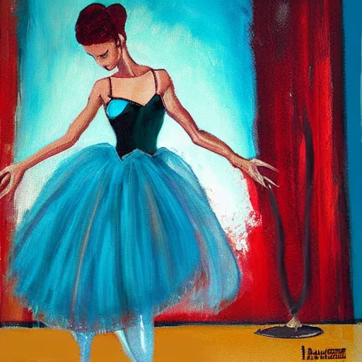 Image similar to square painting of a ballerina drinking wine in a teal room all on a red background