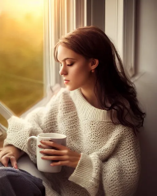 Prompt: a dreamy photograph of a pretty french girl with dark hair, wearing a loose oversized white sweater, cuddled up by a windowsill sipping a mug of tea during sunset. dramatic lighting, fantasy, intricate, elegant, highly detailed, lifelike, photorealistic, Sigma 1.6, 50mm, bokeh, HDR, high resolution, artstation, concept art, smooth, sharp focus, art by John Collier and Albert Aublet and Krenz Cushart and Artem Demura and Alphonse Mucha